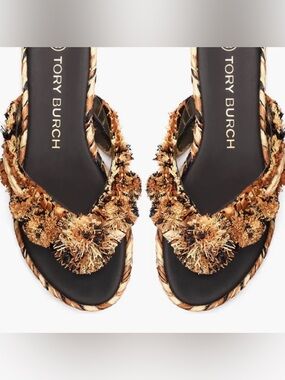 RARE! Tory Burch Raffia Black Aged Camello Flip Flops Sandals Womens Size 7